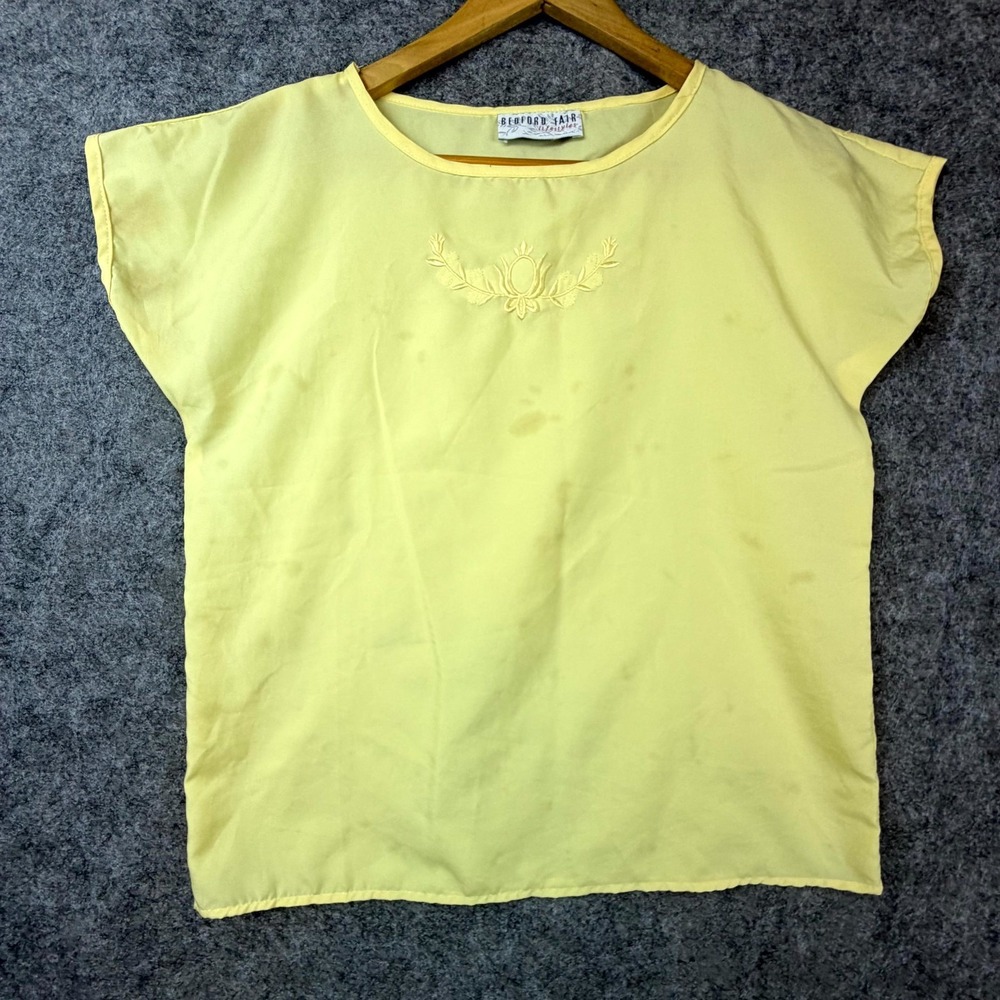 Vintage Bedford Fair Lifestyles Blouse Top Women S Yellow Embroidered Cap Sleeve